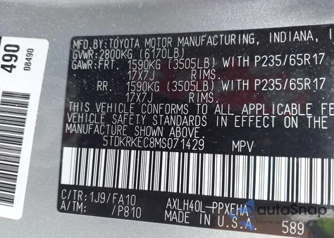 2021 Toyota Sienna Le из США, поврежденный, VIN 5TDKRKEC8MS071429